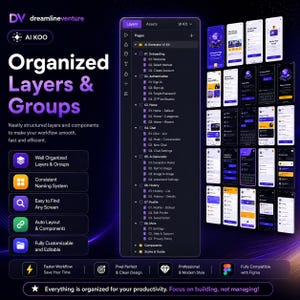 Peut inclure: Interface de conception num&eacute;rique avec un th&egrave;me violet fonc&eacute; et bleu. L'image pr&eacute;sente une interface utilisateur d'application mobile avec des calques et des groupes organis&eacute;s. Le texte comprend "Organized Layers & Groups" et "AI Koo". Le design est d&eacute;crit comme parfait au pixel pr&egrave;s et enti&egrave;rement personnalisable.
