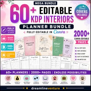 May include: A planner bundle with 60+ editable KDP interiors. The image features various planner covers, including Life, Manifestation, Self Care, Budget, and Goal planners. The bundle includes 2000+ pages and is fully editable in Canva.