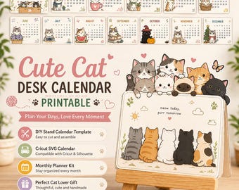 2026 Cat Desk Calendar Printable | DIY Stand Template, Cricut SVG (Digital Download)