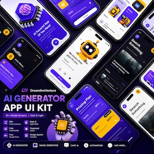 Peut inclure: Image promotionnelle d'un kit d'interface utilisateur d'application de g&eacute;n&eacute;rateur d'IA. Plusieurs smartphones affichent des interfaces d'applications avec des th&egrave;mes li&eacute;s &agrave; l'IA, notamment des &eacute;crans de profil, des plans tarifaires et des fonctions de recherche. Le kit comprend 55+ &eacute;crans mobiles.