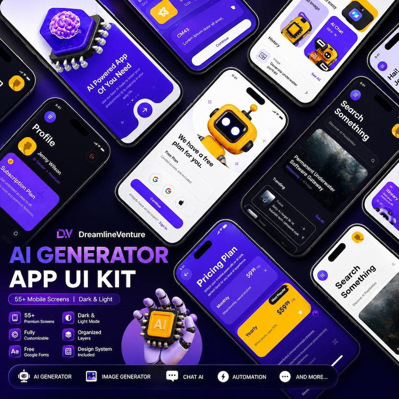 Peut inclure: Image promotionnelle d'un kit d'interface utilisateur d'application de g&eacute;n&eacute;rateur d'IA. Plusieurs smartphones affichent des interfaces d'applications avec des th&egrave;mes li&eacute;s &agrave; l'IA, notamment des &eacute;crans de profil, des plans tarifaires et des fonctions de recherche. Le kit comprend 55+ &eacute;crans mobiles.