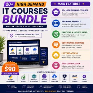 Peut inclure: Un graphique marketing num&eacute;rique pour un lot de plus de 20 cours informatiques tr&egrave;s demand&eacute;s. L'image pr&eacute;sente un ordinateur portable et un smartphone affichant un tableau de bord d'apprentissage, des fonctionnalit&eacute;s, un prix de 90 $ et des ic&ocirc;nes.