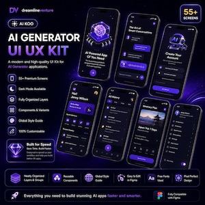 Peut inclure: Image promotionnelle d'un kit UI/UX pour g&eacute;n&eacute;rateurs d'IA. L'image pr&eacute;sente plusieurs smartphones affichant des interfaces d'applications violettes et blanches. Le texte comprend "AI GENERATOR UI UX KIT" et "55+ Screens".