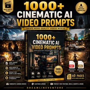 May include: A promotional image for "1000+ Cinematic AI Video Prompts." The image features a book cover with the title in gold lettering, surrounded by cinematic visuals. Additional text highlights unique prompts, cinematic styles, and compatibility with various platforms. Includes PDF and JPG files.