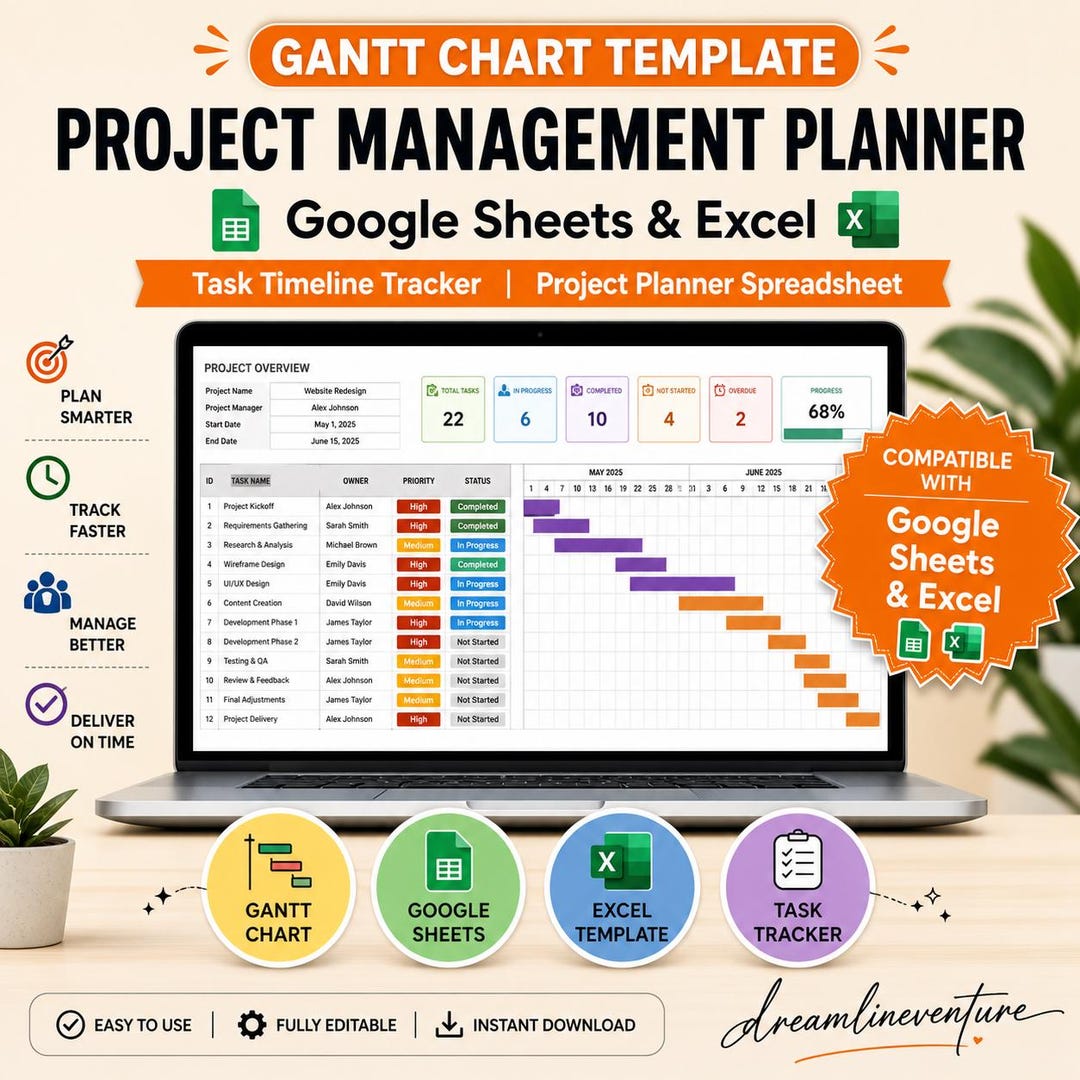 Gantt Chart Project Management Template | Google Sheets, Excel Planner ...