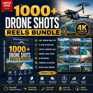 May include: A digital product bundle featuring 1000+ drone shots and reels. The graphic displays a dark blue background with gold text, a drone in flight, and twelve thumbnail images of aerial landscapes. Icons indicate 4K resolution.