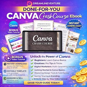 May include: Promotional graphic for a Canva Crash Course ebook. The image shows a laptop displaying the ebook cover, supporting documents, and gold coins. Text includes "Instant Download" and "Bonus Video Tutorial."