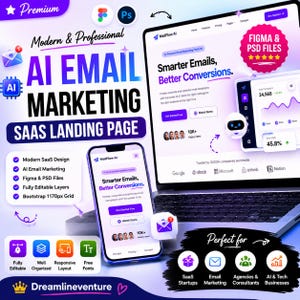 May include: A digital marketing design featuring a laptop, smartphone, and tablet displaying a website interface. The design promotes "AI Email Marketing" and "SaaS Landing Page" with a purple and white color scheme. Includes the text "Figma & PSD Files".
