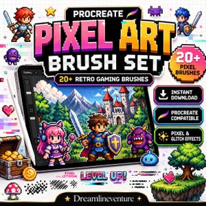 Puede incluir: Un conjunto de pinceles de pixel art para Procreate con más de 20 brochas de juegos retro. La pantalla muestra una tablet con un paisaje de fantasía, un castillo y personajes pixelados. El texto incluye Procreate Pixel Art Brush Set y Level Up.