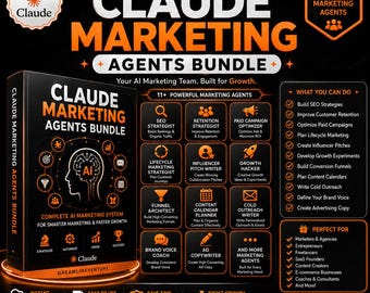 Puede incluir: Un anuncio de producto digital para el Claude Marketing Agents Bundle, con un esquema de colores negro y naranja. El gráfico muestra una lista de más de 11 agentes de marketing de IA especializados, incluyendo estrategas de SEO, retención y crecimiento, junto con una lista de tareas de marketing y grupos de usuarios objetivo.