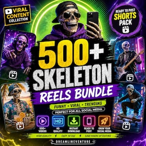 May include: A digital marketing bundle titled 500+ SKELETON REELS BUNDLE featuring various skeleton characters in purple hoodies, leather jackets, and tropical shirts, with icons for HD quality, instant download, and social media growth.