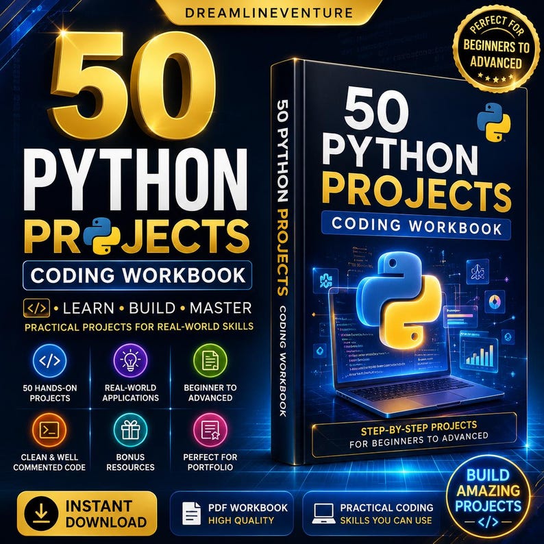 Kodningsarbetsbok för 50 Python-projekt | Python-programmeringsprojekt | Kodningsarbetsbok för nybörjare | Praktisk Python-övning | Kodnings-PDF bild 1