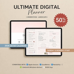 Può includere: Planner digitale su tablet con "ULTIMATE DIGITAL Planner" e "2026 DATED CALENDAR". Orientamento orizzontale, compatibile con Apple, Android e Windows. Un'icona a stella rossa indica uno sconto del 50%.