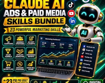 Könnte beinhalten: Eine Grafik für ein digitales Marketing-Paket mit einem weißen Roboter mit leuchtend blauem Bildschirmgesicht, einem Laptop mit Marketing-Dashboard und einem Smartphone mit einer Liste von Werbeplattformen. Text: CLAUDE AI ADS & PAID MEDIA SKILLS BUNDLE.