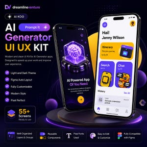 Peut inclure: Image promotionnelle d'un kit UI UX pour g&eacute;n&eacute;rateur d'IA. Deux smartphones affichent des interfaces d'applications avec des th&egrave;mes clairs et sombres. Le texte met en &eacute;vidence des fonctionnalit&eacute;s telles que Figma Auto Layout et plus de 55 &eacute;crans.