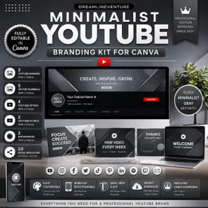 May include: A digital branding kit for YouTube featuring templates for banners, thumbnails, intros, outros, and watermarks. The design uses a gray and black color scheme with white text. Includes icons for social media and editing instructions.