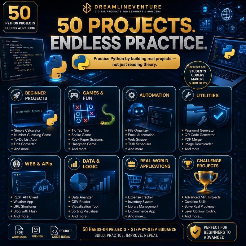 Kodningsarbetsbok för 50 Python-projekt | Python-programmeringsprojekt | Kodningsarbetsbok för nybörjare | Praktisk Python-övning | Kodnings-PDF bild 3