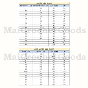Puede incluir: Una gu&iacute;a de tallas de zapatos con tablas para hombre, mujer y ni&ntilde;os. Incluye tallas de EE. UU., Reino Unido y Euro, con las medidas correspondientes en cent&iacute;metros. La gu&iacute;a muestra tallas desde la talla 4 de hombre de EE. UU. (22,5 cm) hasta la 13 (31 cm).