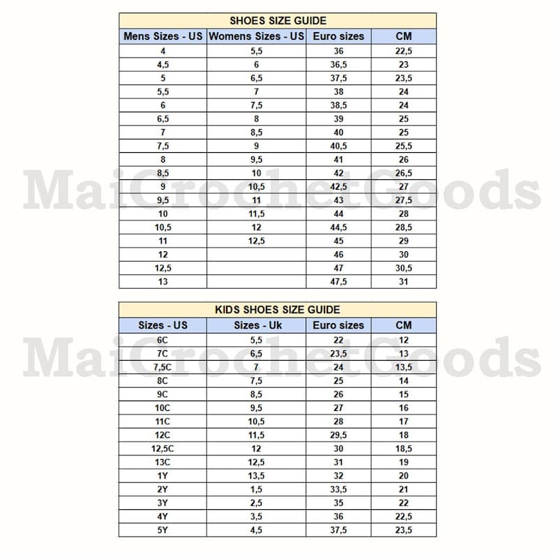 Puede incluir: Una gu&iacute;a de tallas de zapatos con tablas para hombre, mujer y ni&ntilde;os. Incluye tallas de EE. UU., Reino Unido y Euro, con las medidas correspondientes en cent&iacute;metros. La gu&iacute;a muestra tallas desde la talla 4 de hombre de EE. UU. (22,5 cm) hasta la 13 (31 cm).