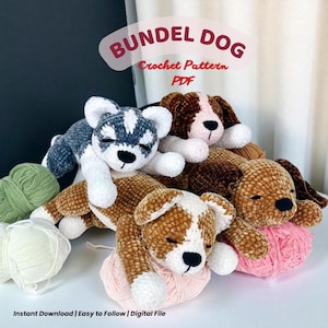 May include: A collection of handmade crochet dog plushies in various colors, including brown, white, and gray. The image features the text "BUNDEL DOG Crochet Pattern PDF" and "Instant Download | Easy to Follow | Digital File".