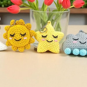 Weather Keychain Crochet Pattern PDF Bundle 4in1, Sun Moon Star Cloud Amigurumi Set, Cute Celestial Plush Keychain Patterns, Digital File