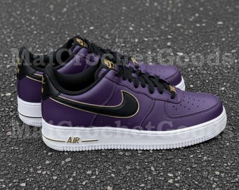 Purple Custom AF1 Sneakers | Black Gold Low Top Shoes | Streetwear Minimal Leather Sneakers