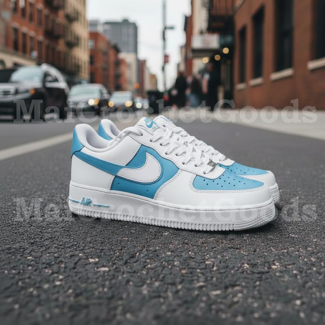 Custom Blue & White AF1 Style Sneakers – Handmade Streetwear Shoes ...