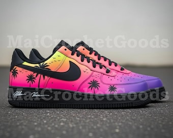 Air Force 1 personalizadas con diseño de palmeras y puesta de sol, AF1 Low con degradado colorido, zapatillas artísticas hechas a mano