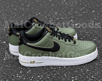 Zapatillas AF1 verde oliva personalizadas, estilo Air Force One, estilo urbano de caña baja.