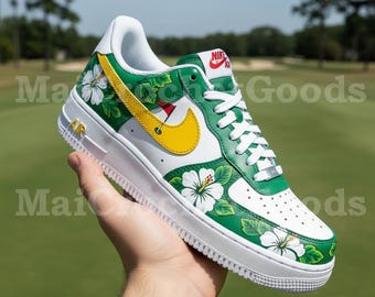 Zapatillas AF1 personalizadas con estampado floral verde / Zapatillas deportivas tropicales pintadas a mano / Zapatillas bajas de cuero estilo streetwear