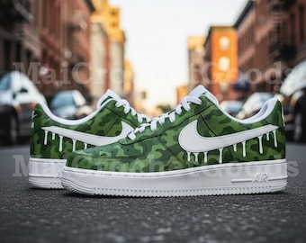 Zapatillas Air Force 1 personalizadas con efecto camuflaje verde, zapatos de calle pintados a mano