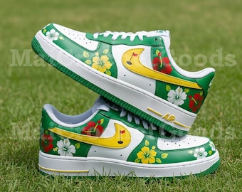 Zapatillas AF1 personalizadas verdes / Diseño floral de golf pintado a mano / Zapatillas bajas de cuero estilo streetwear