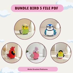 Bird Crochet Pattern Bundle PDF 5in1, Amigurumi Bird Plush Set Including Cardinal Goldfinch, Budgerigar Bluejay, Cockatoo, Digital Download