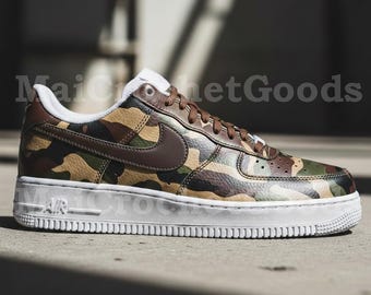 Earth Tone Camouflage Custom Sneakers, Brown Chocolate Leather Shoes, Hand Painted Forest Pattern Trainers