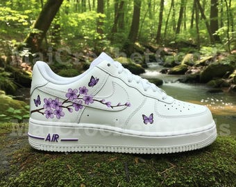 Purple Floral Custom AF1 Sneakers | Blossom Butterfly Design | Low Top Casual Everyday Leather
