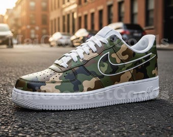 Zapatillas Air Force One con camuflaje personalizado / Zapatillas AF1 con camuflaje verde / Regalo de calzado táctico de estilo urbano