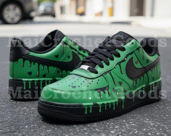Zapatillas Air Force 1 pintadas a mano con efecto goteo verde, zapatos AF1 personalizados