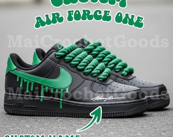 Custom Black Air Force One Sneakers | Green Drip Swoosh Streetwear (Custom Name)
