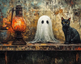 Ghost and Black Cat, Halloween Digital Download, High Quality Image, Instant Download