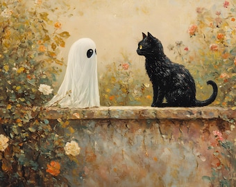 Halloween wall art, sticker, clip art, cat and a ghost, Quality Image
