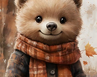 Adorable bear walking in the Fall Leaves, Digital Download, 300 dpi, Digital Print, Stickers, Clip art
