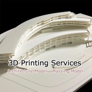 May include: A white architectural model with curved structures and multiple levels. The model is labeled "3D Printing Services" and "Architecture Model | Massing Model". The model is set against a black background.