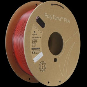 May include: A spool of red PolyTerra&trade; PLA filament for 3D printing. The spool is made from recycled material and has printed information on the side, including printing speed and temperature. The spool weighs 140g.