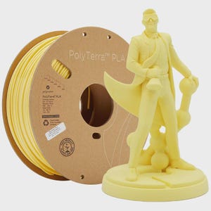 May include: A yellow 3D-printed figurine of a man in a suit and a yellow spool of PolyTerra PLA filament. The filament spool is brown with printed text and a label. The figurine is standing on a round base.