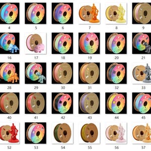 May include: A collection of 3D printing filament spools in various colors, including pink, blue, green, and rainbow gradients. Some spools are paired with small 3D-printed figurines. The spools are made of plastic and are on a black background.