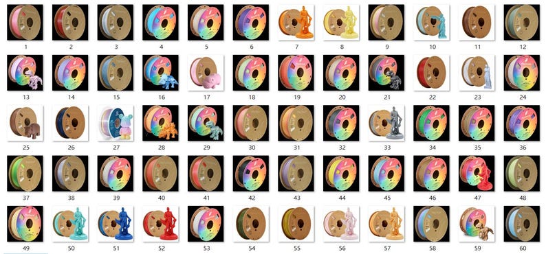 May include: A collection of 3D printing filament spools in various colors, including pink, blue, green, and rainbow gradients. Some spools are paired with small 3D-printed figurines. The spools are made of plastic and are on a black background.