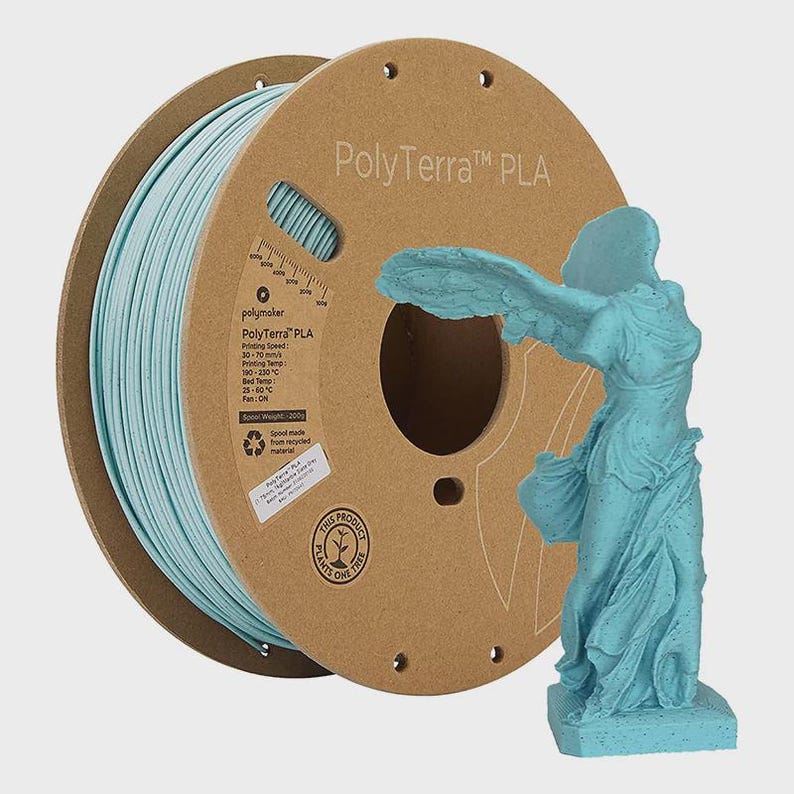 May include: A light blue spool of PolyTerra PLA filament next to a matching statue of the Winged Victory of Samothrace. The spool is made of recycled material and is labeled with printing specifications.