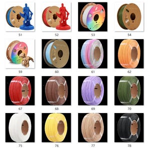May include: A collection of colorful 3D printer filament spools. The spools are various colors, including rainbow, blue, red, green, and yellow. Each spool is labeled with a number from 49 to 80. The image also shows 3D printed figurines.