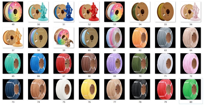 May include: A collection of colorful 3D printer filament spools. The spools are various colors, including rainbow, blue, red, green, and yellow. Each spool is labeled with a number from 49 to 80. The image also shows 3D printed figurines.
