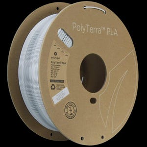 May include: A spool of white PolyTerra PLA 3D printing filament. The spool is made from recycled material and is labeled with printing speed and temperature information. The product plants one tree.